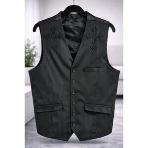 Black Pinstripe Vest Mens Medium Embroidered Cross Button Front Formal Waistcoat